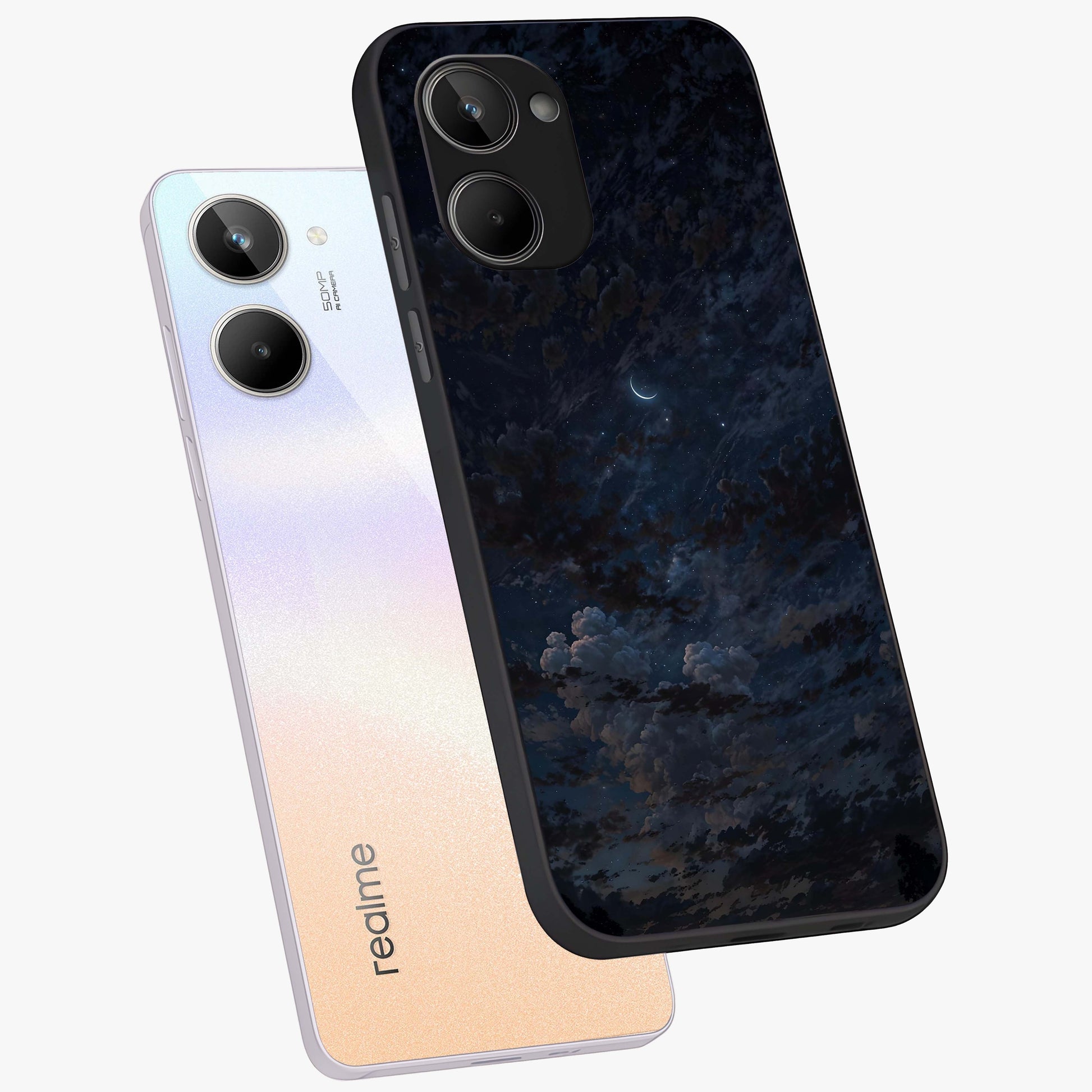 Lunar Veil Silence Glass Case displayed in angled mockup highlighting soft lunar design with peaceful celestial aesthetic.
