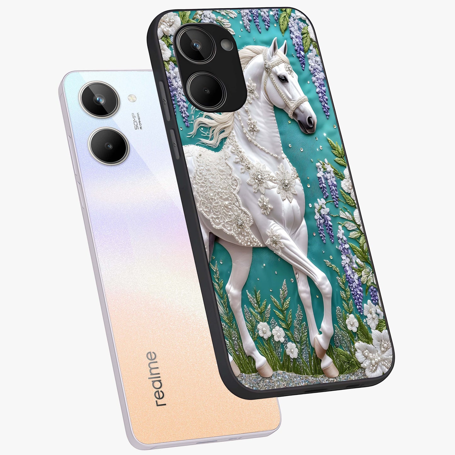 Majestic Floral Stallion Glass Case displayed in angled mockup highlighting majestic stallion illustration with elegant floral aesthetic.