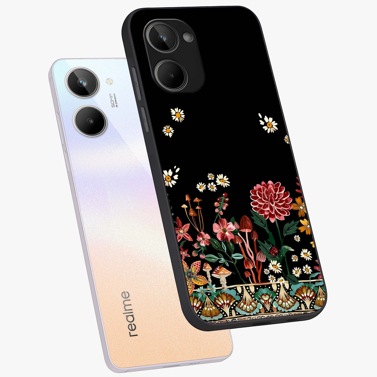 Midnight Bloom Pattern Glass Case displayed in angled mockup highlighting elegant flower design with midnight aesthetic style.