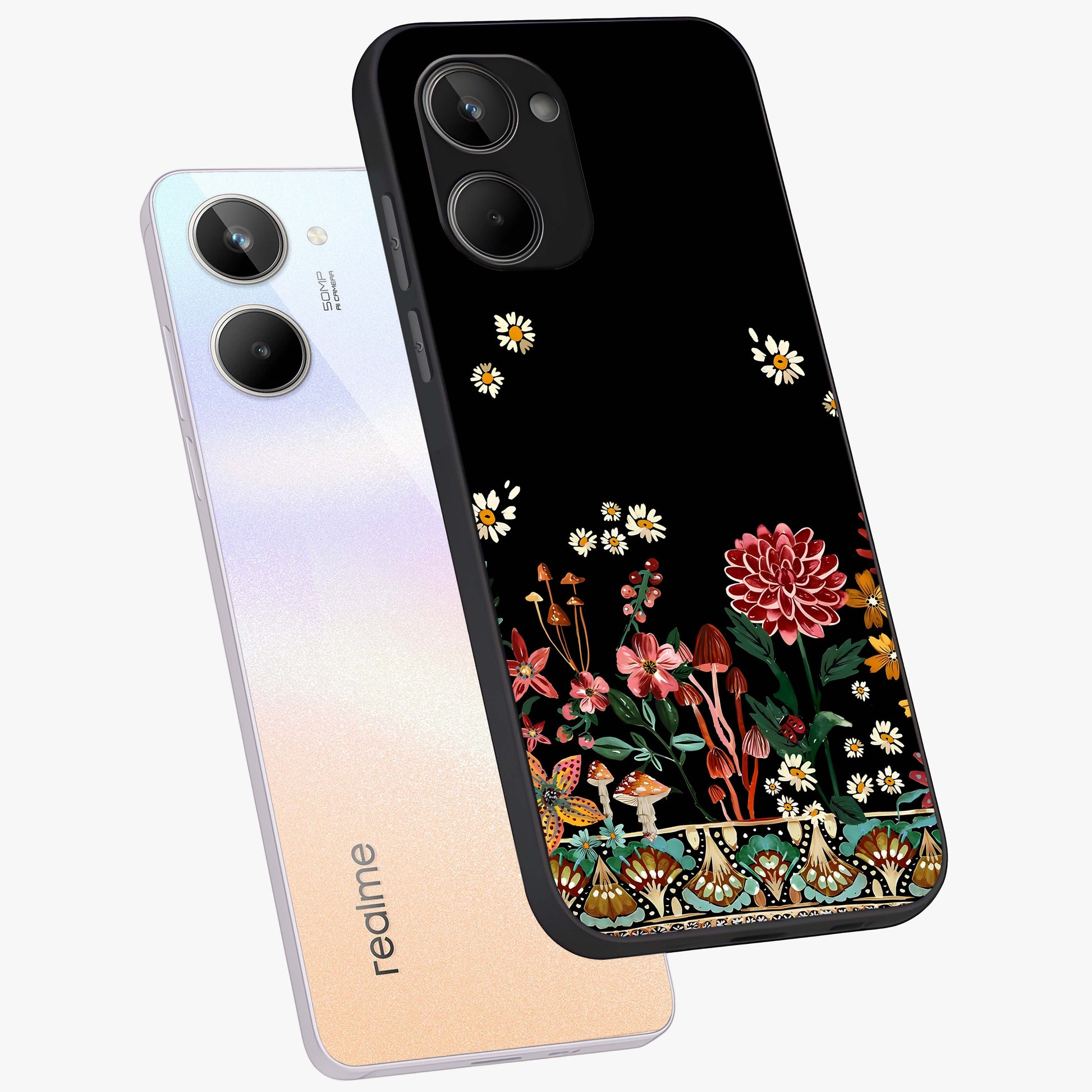 Midnight Bloom Pattern Glass Case displayed in angled mockup highlighting elegant flower design with midnight aesthetic style.