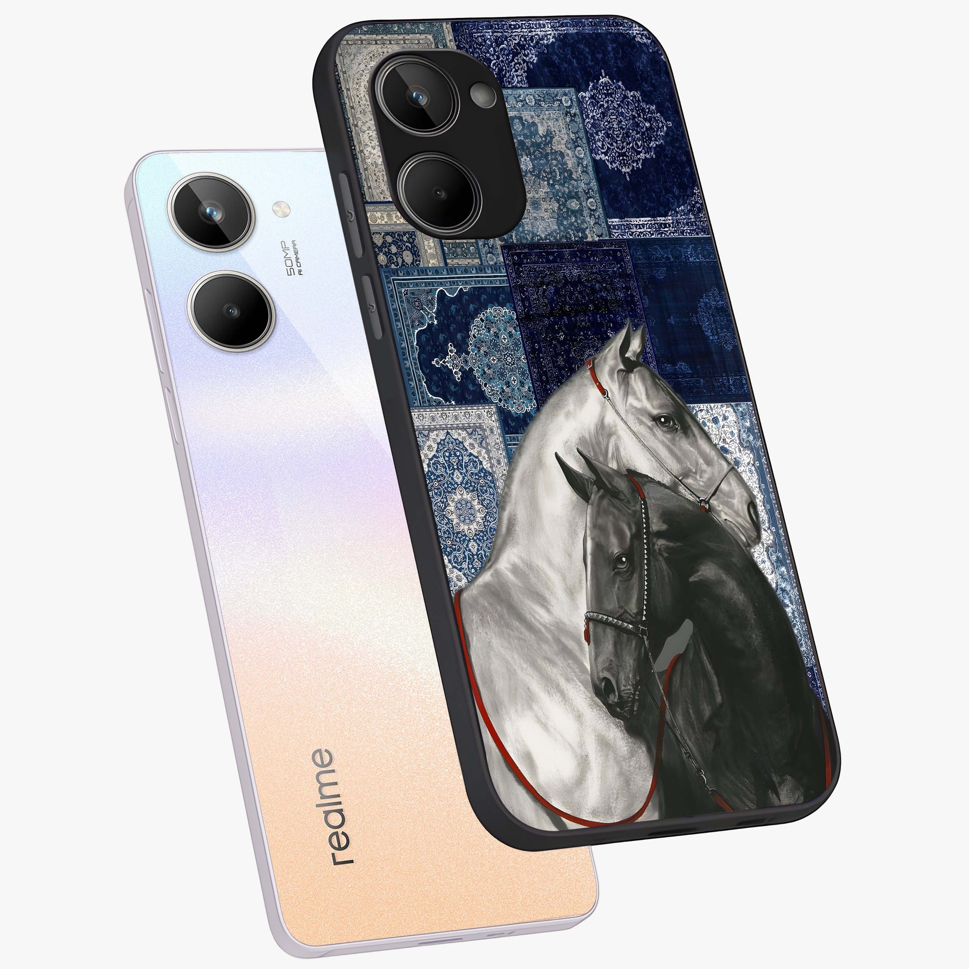 Midnight Stallion Blues Glass Case displayed in angled mockup highlighting powerful stallion illustration with deep midnight tones.
