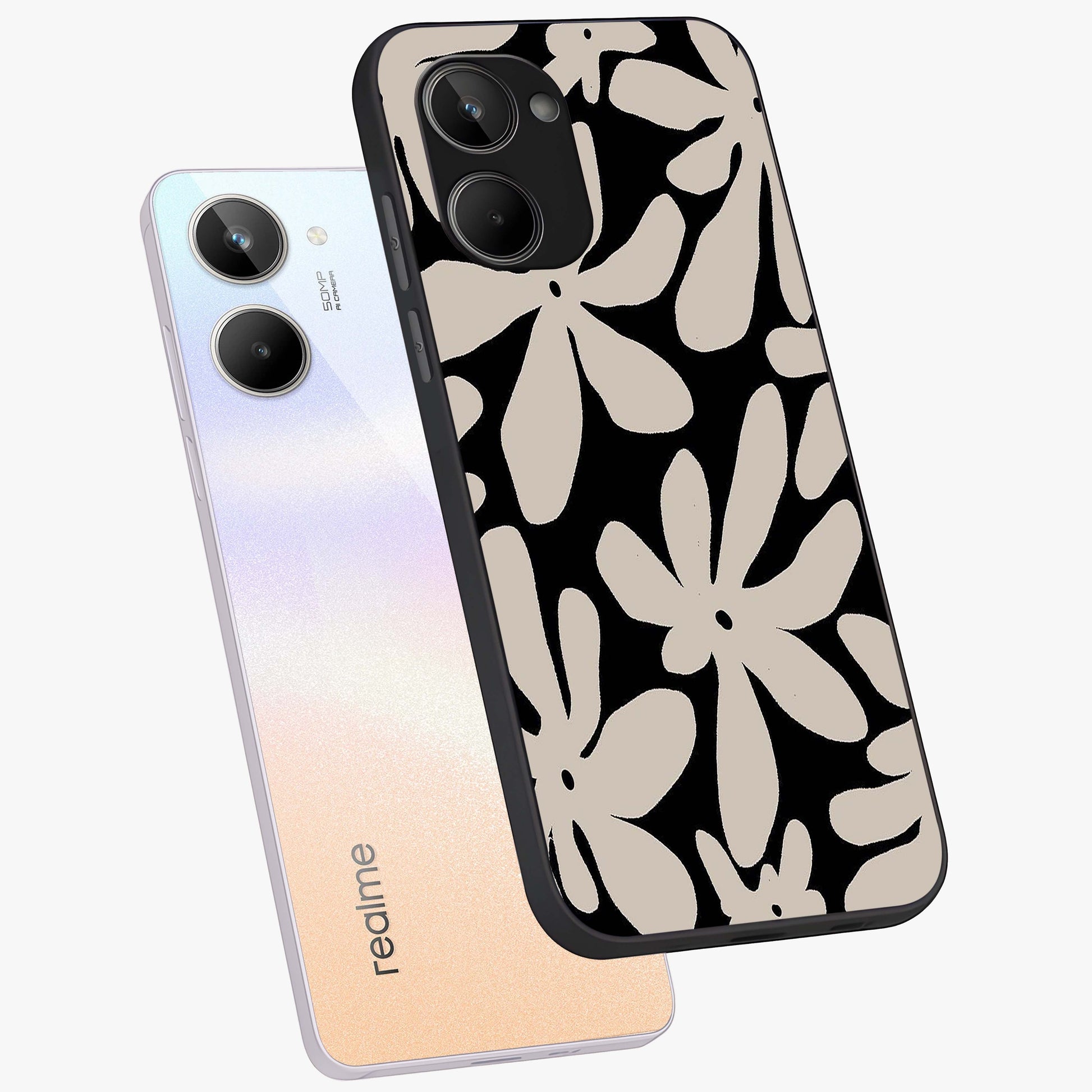 Monochrome Petal Dance Glass Case displayed in angled mockup highlighting elegant petal design with black and white aesthetic.