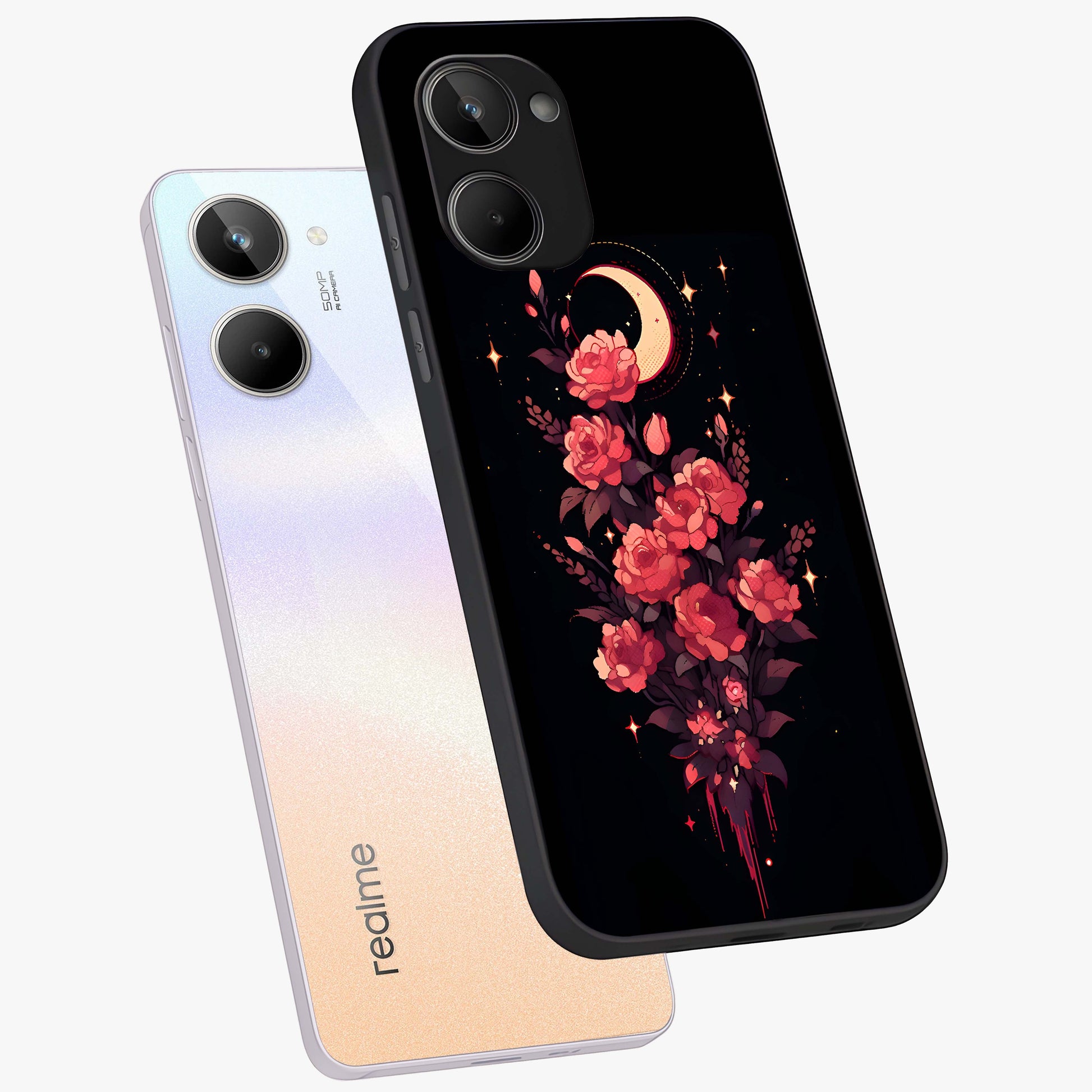 Moonlit Floral Elegance Glass Case displayed in angled mockup highlighting graceful flower design with soft moonlight aesthetic.