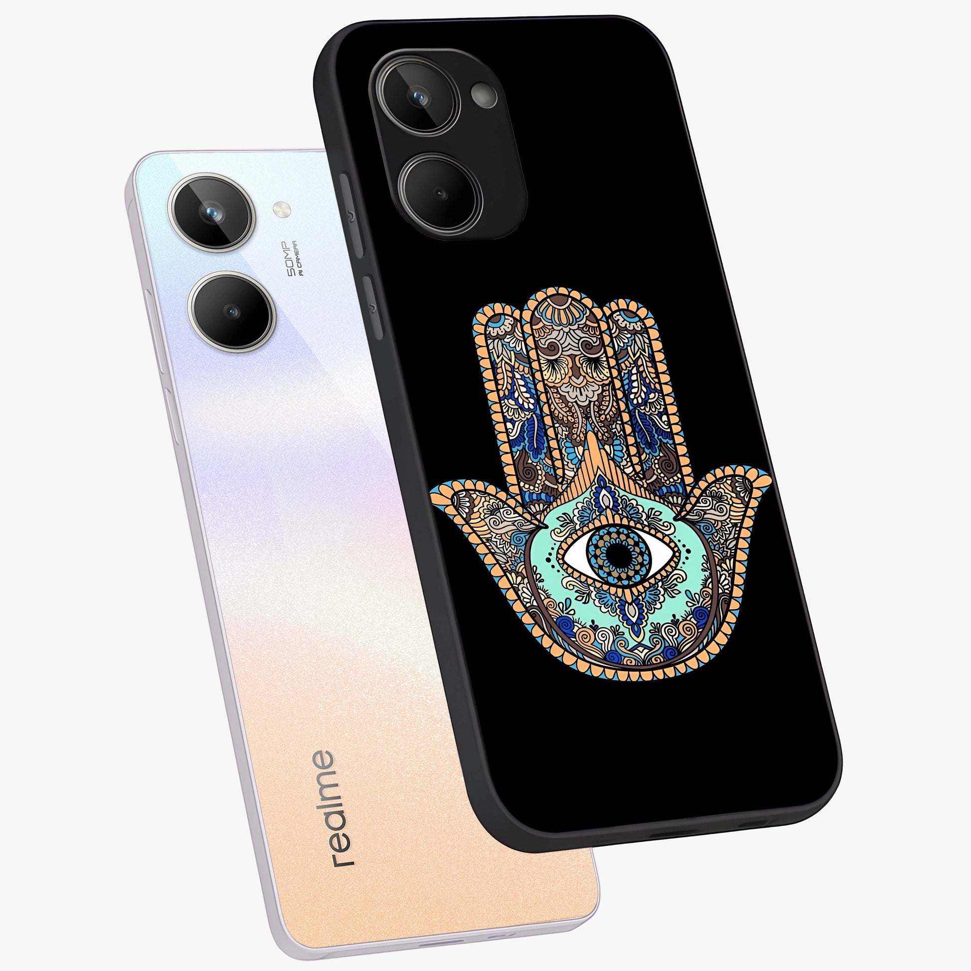 Mystic Hamsa Eye Glass Case displayed in angled mockup highlighting spiritual hamsa symbol with mystical aesthetic style.
