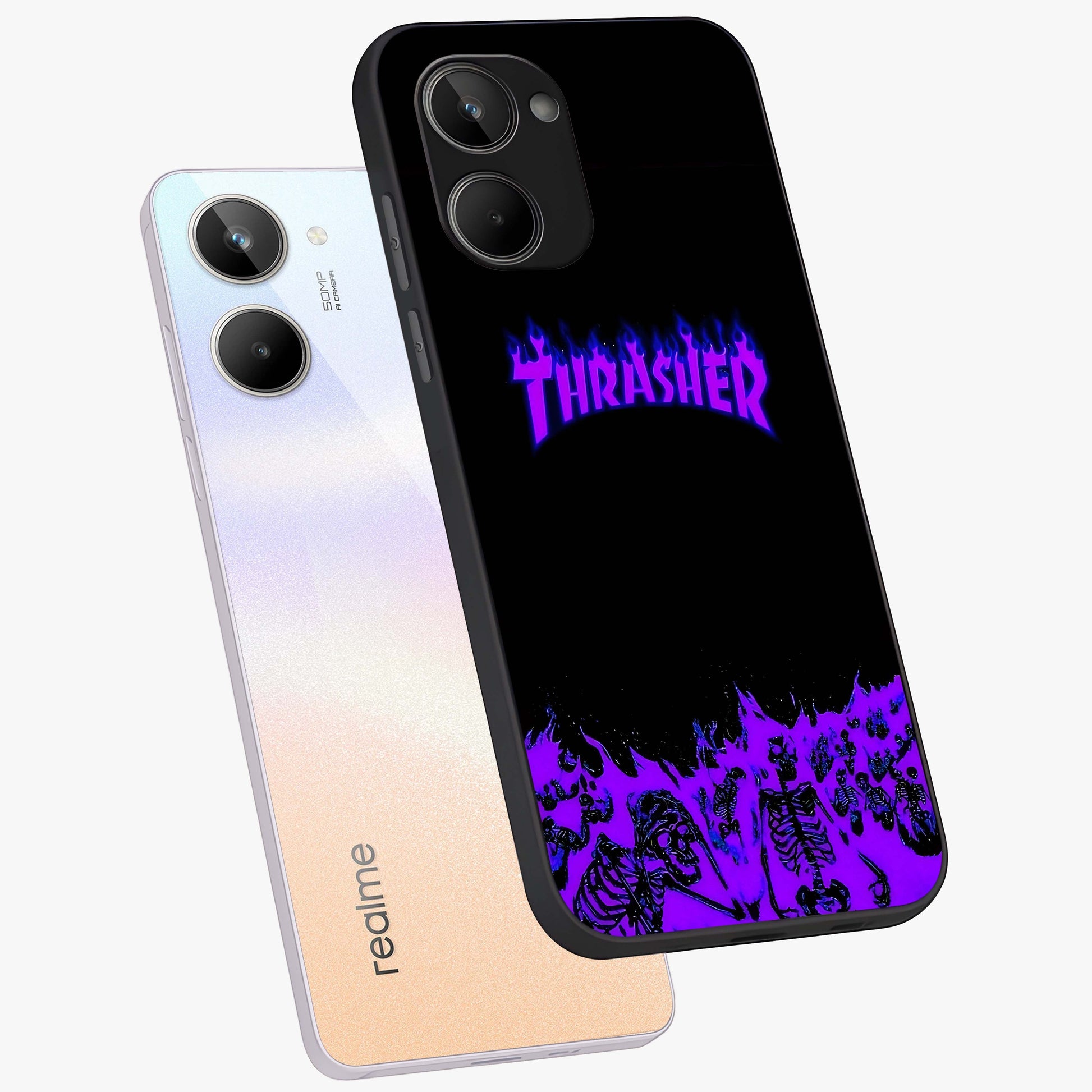 Neon Flame Riot Glass Case displayed in angled mockup highlighting glowing flame design with vibrant neon aesthetic.