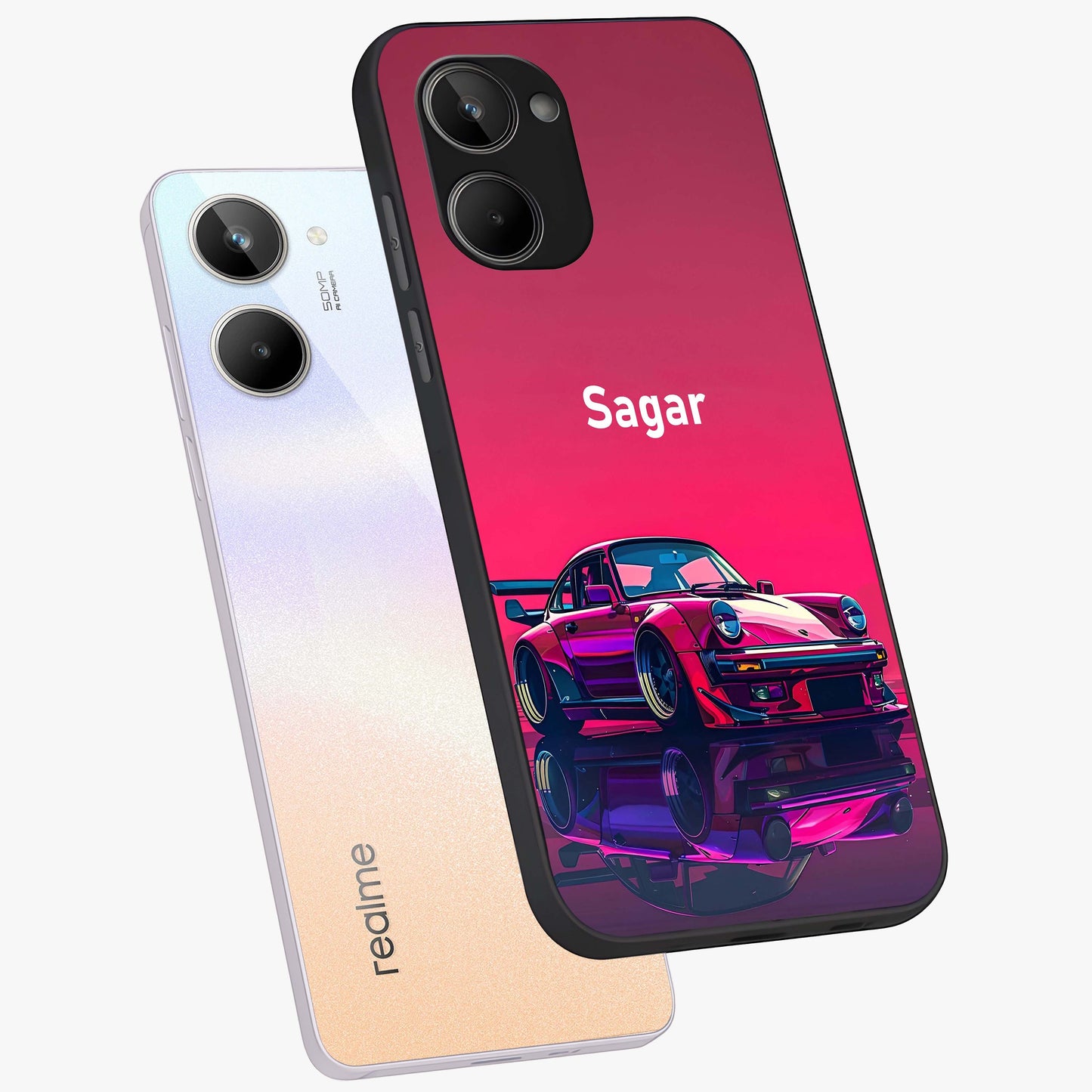 Neon Pink Porsche Glass Case displayed in angled mockup highlighting sleek neon pink car design with racing aesthetic.