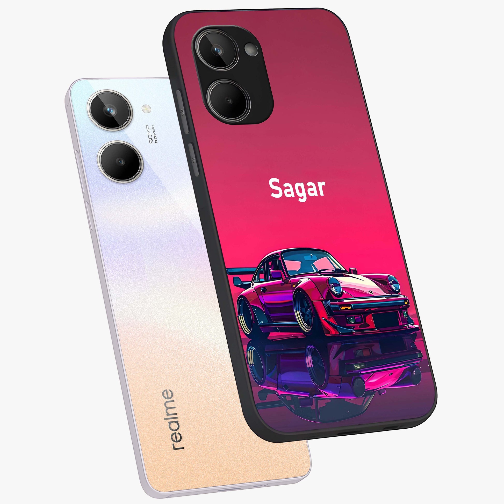 Neon Pink Porsche Glass Case displayed in angled mockup highlighting sleek neon pink car design with racing aesthetic.
