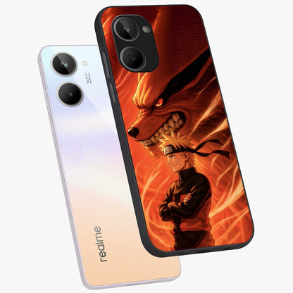 Nine Tails Legacy Glass Case displayed in angled mockup highlighting dynamic anime beast illustration with bold mystical aesthetic.