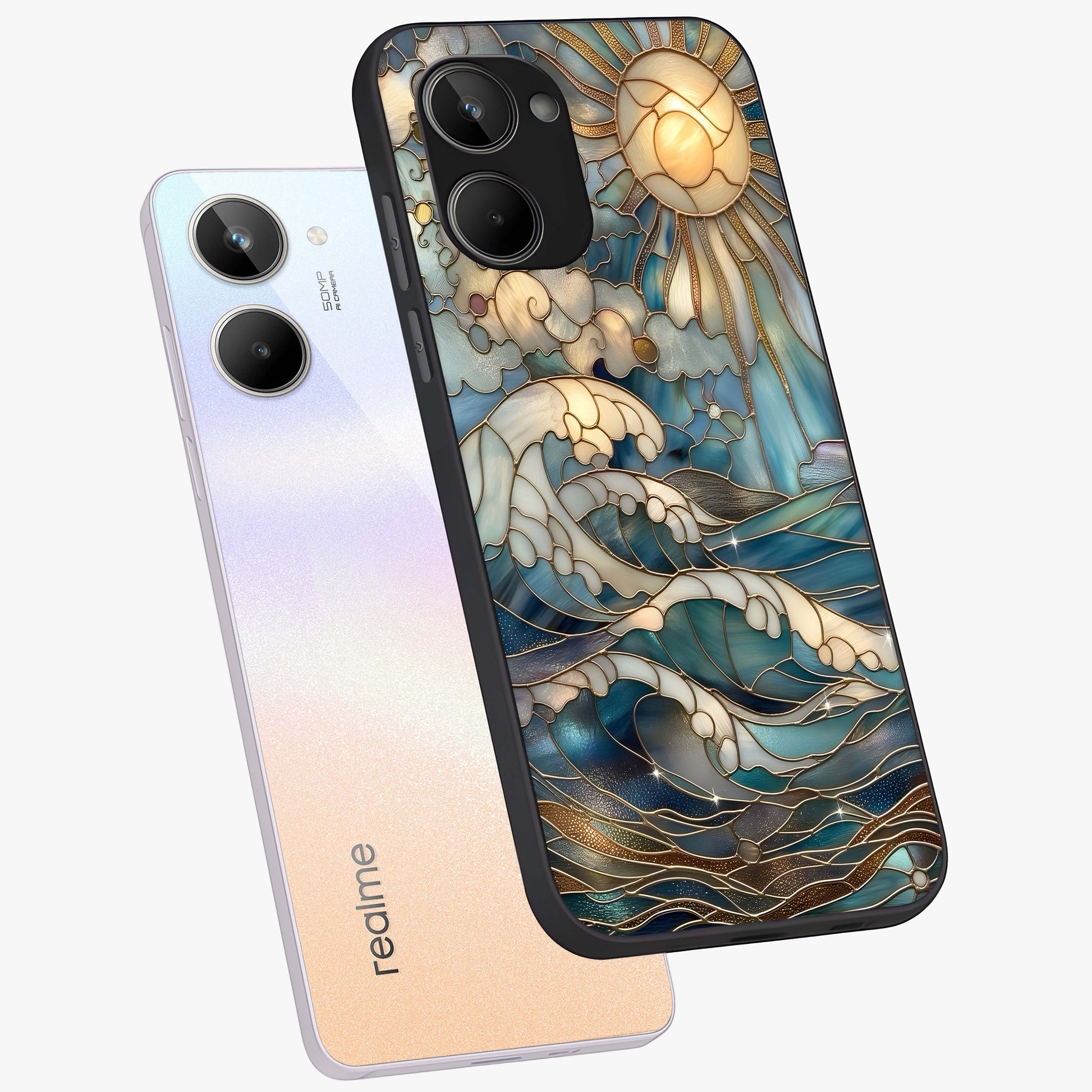 Oceanic Stained Printed Glass Case displayed in angled mockup highlighting colorful aquatic design with artistic aesthetic style.