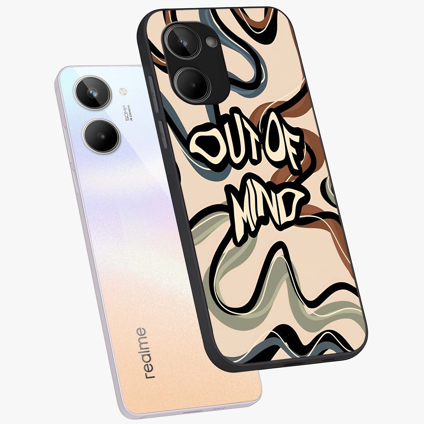 Out Of Mind Glass Case displayed in angled mockup highlighting bold statement design with modern artistic aesthetic.