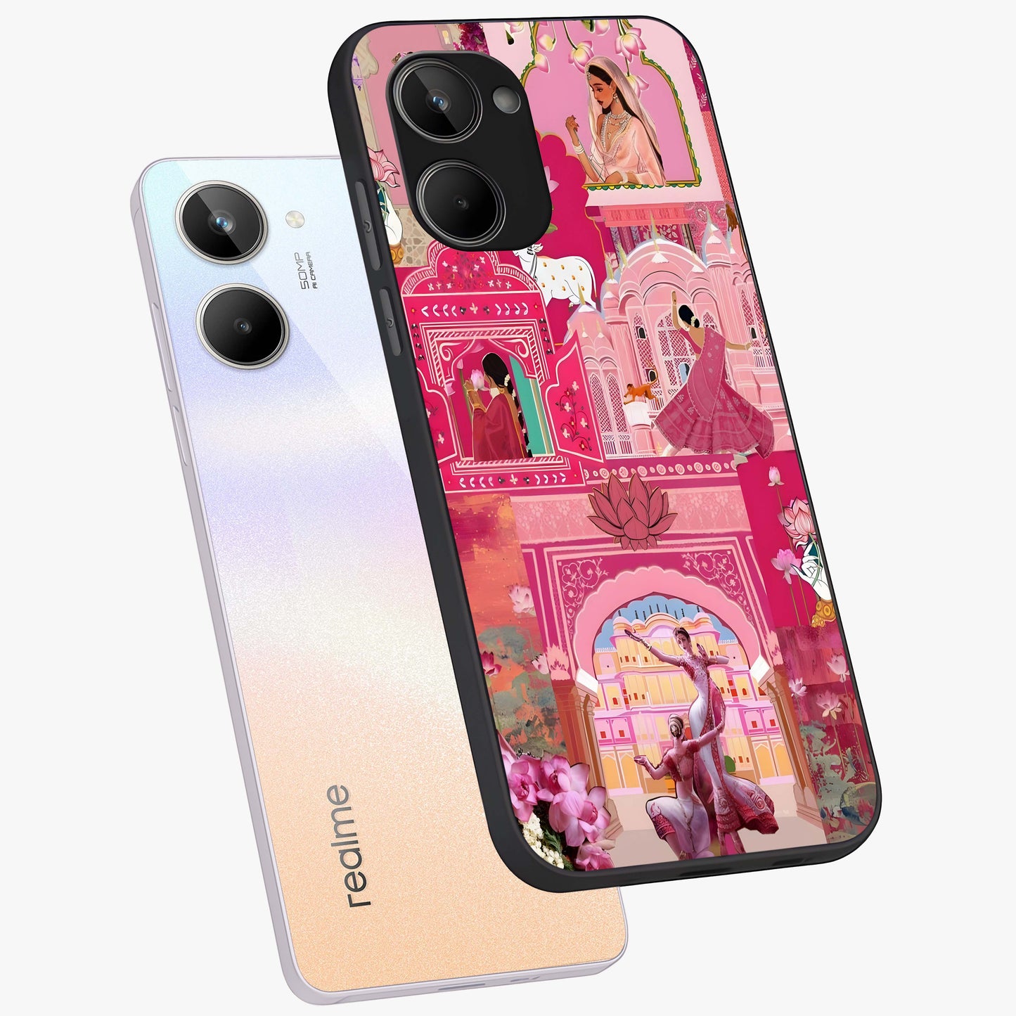 Pink Palace Muse Glass Case displayed in angled mockup highlighting dreamy palace illustration with soft pink aesthetic.
