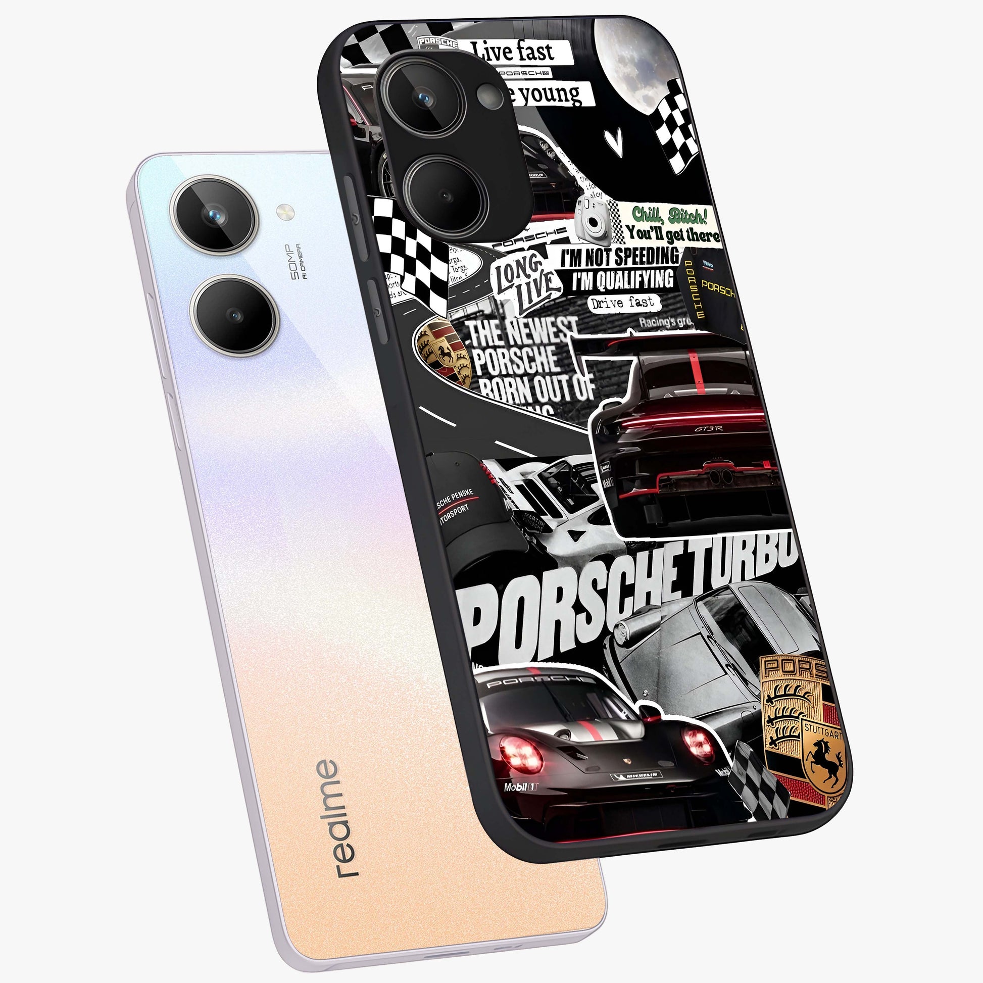 Porsche Racing Collage Glass Case displayed in angled mockup highlighting dynamic automotive design with bold racing aesthetic.