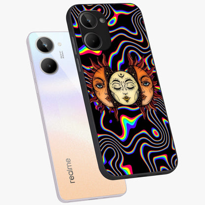 Psychedelic Sun Glass Case displayed in angled mockup highlighting vibrant abstract sun design with artistic aesthetic style.