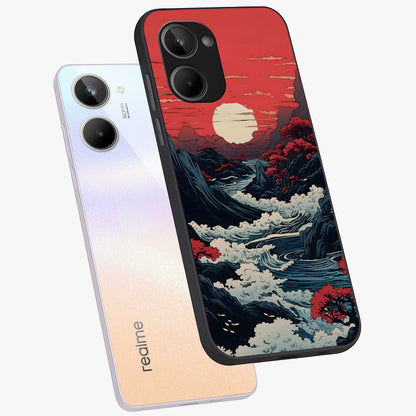 Red Sunset Scenery Glass Case displayed in angled mockup highlighting glowing sunset sky design with scenic aesthetic.