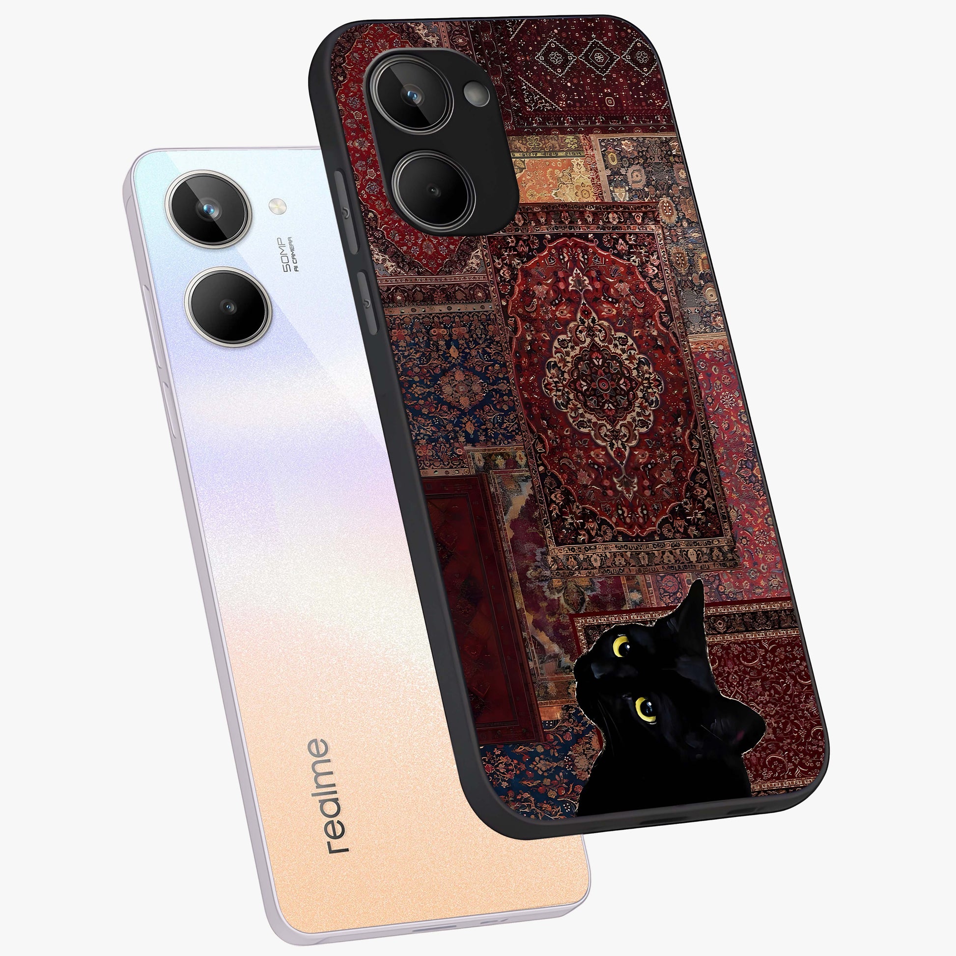 Regal Magic Cat Apple Glass Case displayed in angled mockup highlighting whimsical feline design with fantasy aesthetic.