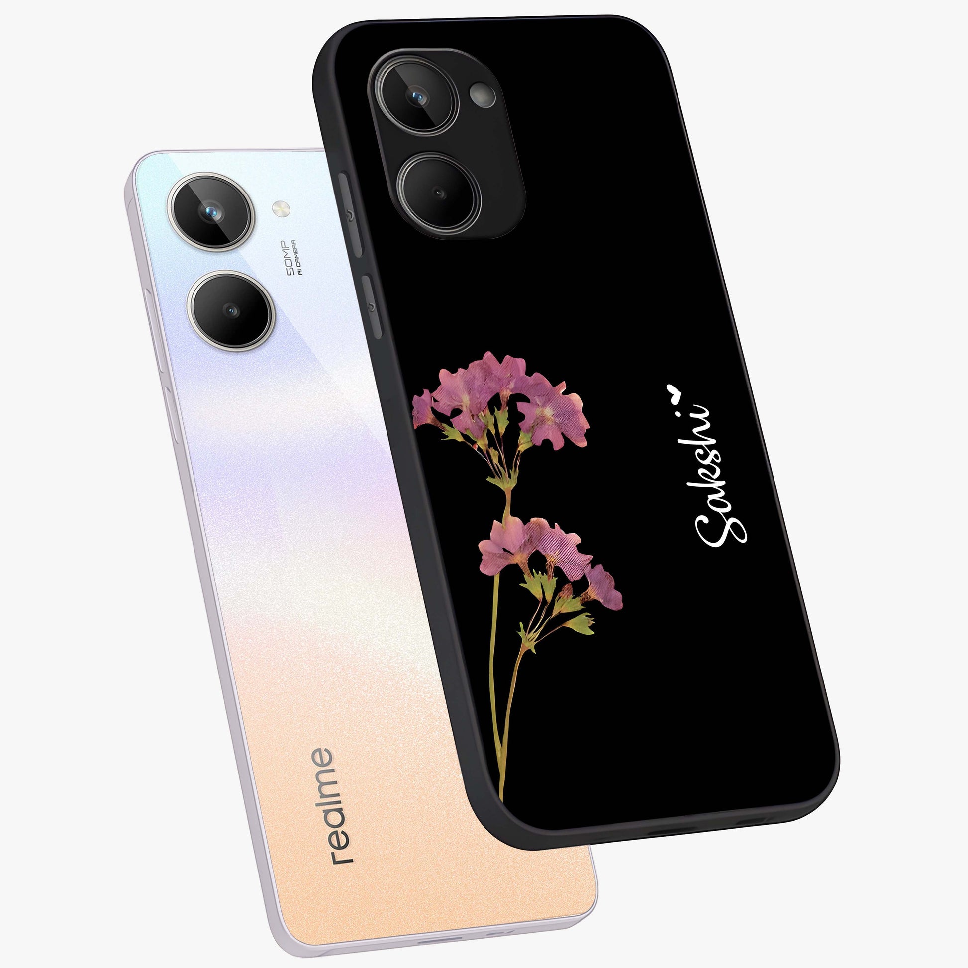Riching Lavender Flower Custom Name Glass Case displayed in angled mockup highlighting delicate lavender flower design with custom name feature.