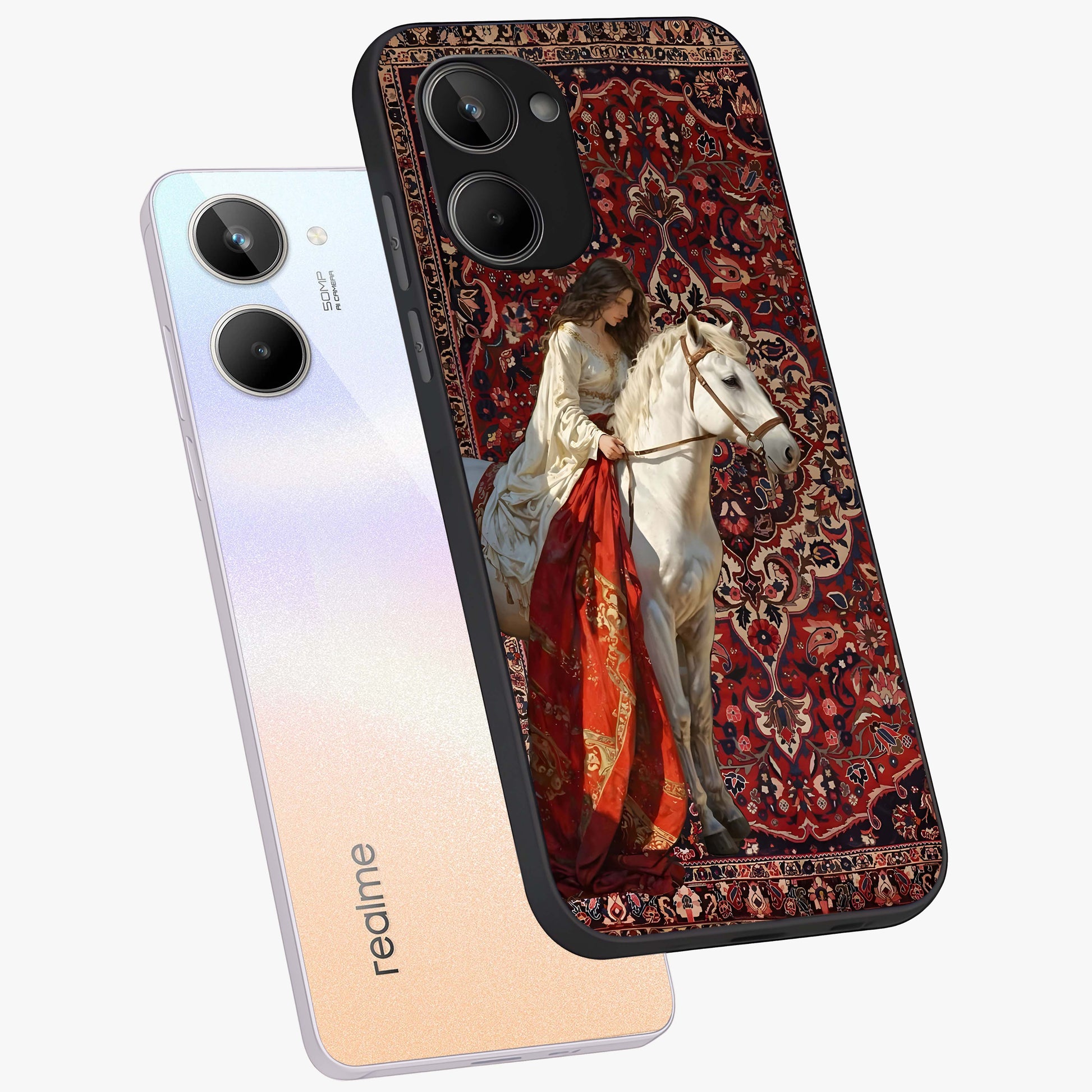 Royal Rider Tapestry Glass Case displayed in angled mockup highlighting traditional tapestry design with royal heritage aesthetic.