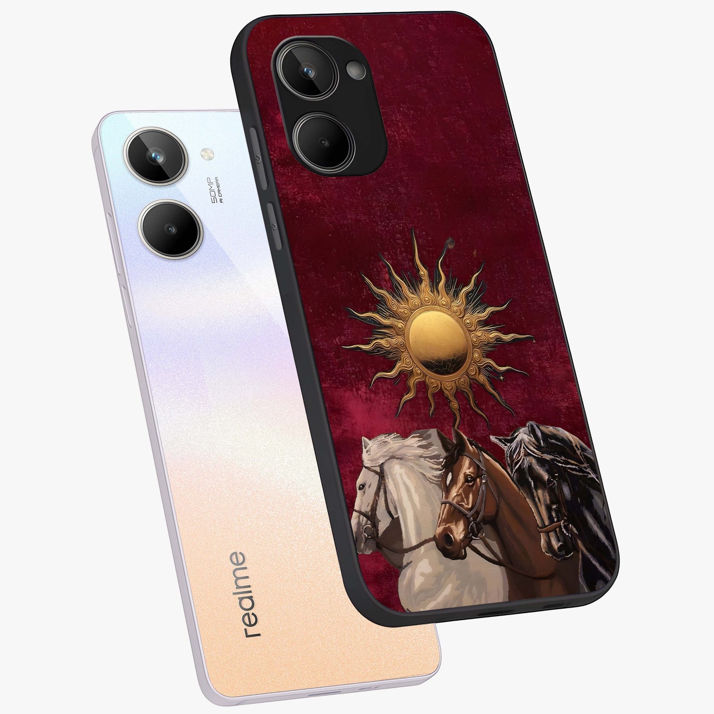 Solar Riders Glass Case displayed in angled mockup highlighting powerful rider illustration with radiant solar aesthetic.