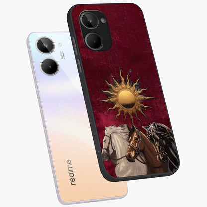 Solar Riders Glass Case displayed in angled mockup highlighting powerful rider illustration with radiant solar aesthetic.