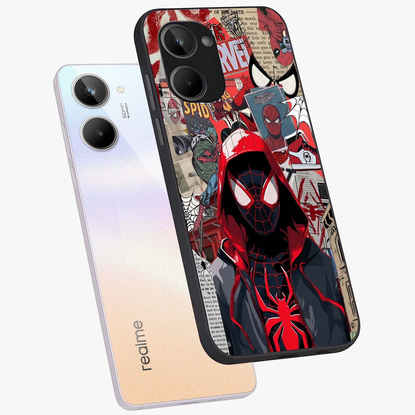 Spider Collage Street Glass Case displayed in angled mockup highlighting dynamic street style collage design with comic aesthetic.