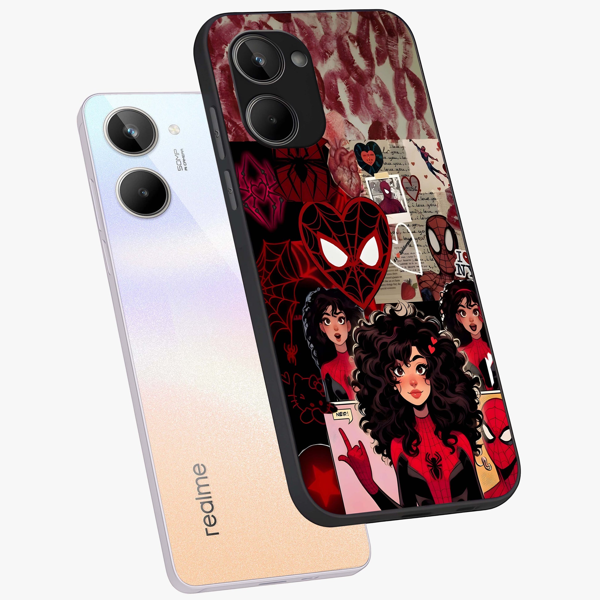 Spider Love Story Glass Case displayed in angled mockup highlighting expressive comic inspired design with playful aesthetic.
