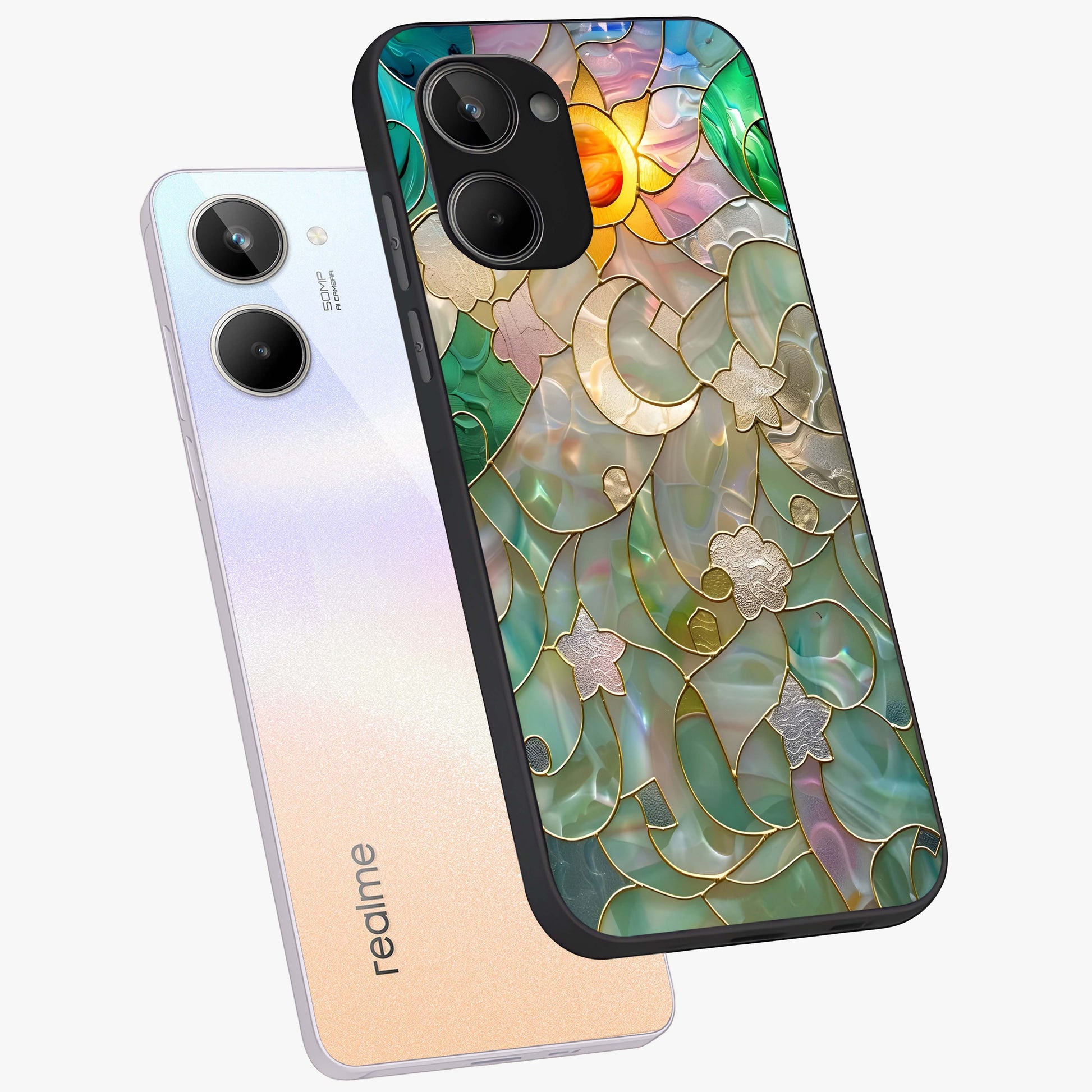 Stained Sunrise Glow Glass Case displayed in angled mockup highlighting radiant sunrise design with artistic aesthetic style.