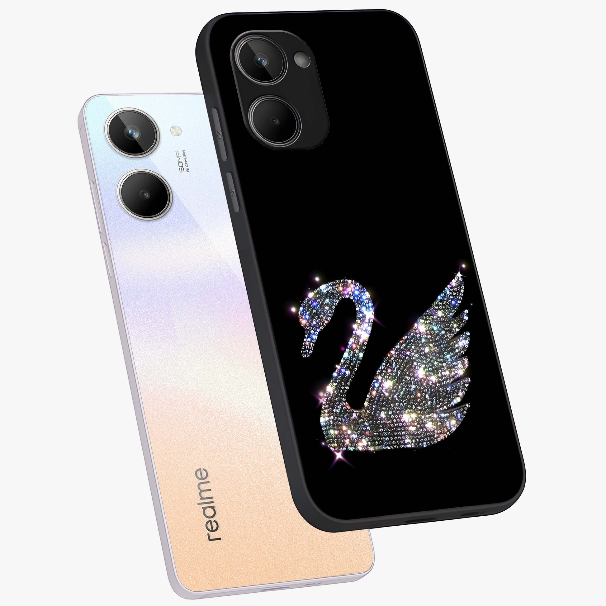 Starlit Swan Grace Glass Case displayed in angled mockup highlighting elegant swan illustration with dreamy celestial aesthetic.