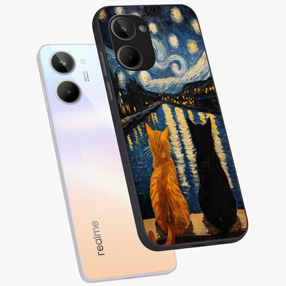 Starry River Cats Glass Case displayed in angled mockup highlighting charming feline illustration with dreamy night aesthetic.