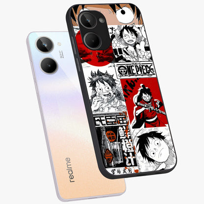 Strawhat Chaos Panels Glass Case displayed in angled mockup highlighting vibrant anime collage design with action aesthetic.