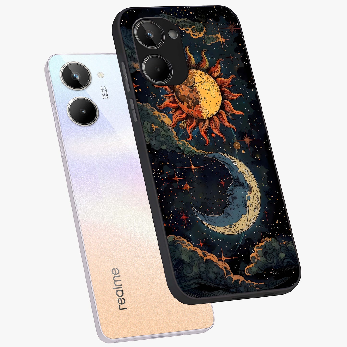 Sun And Moon Magic Design Glass Case displayed in angled mockup highlighting celestial design with magical cosmic aesthetic.