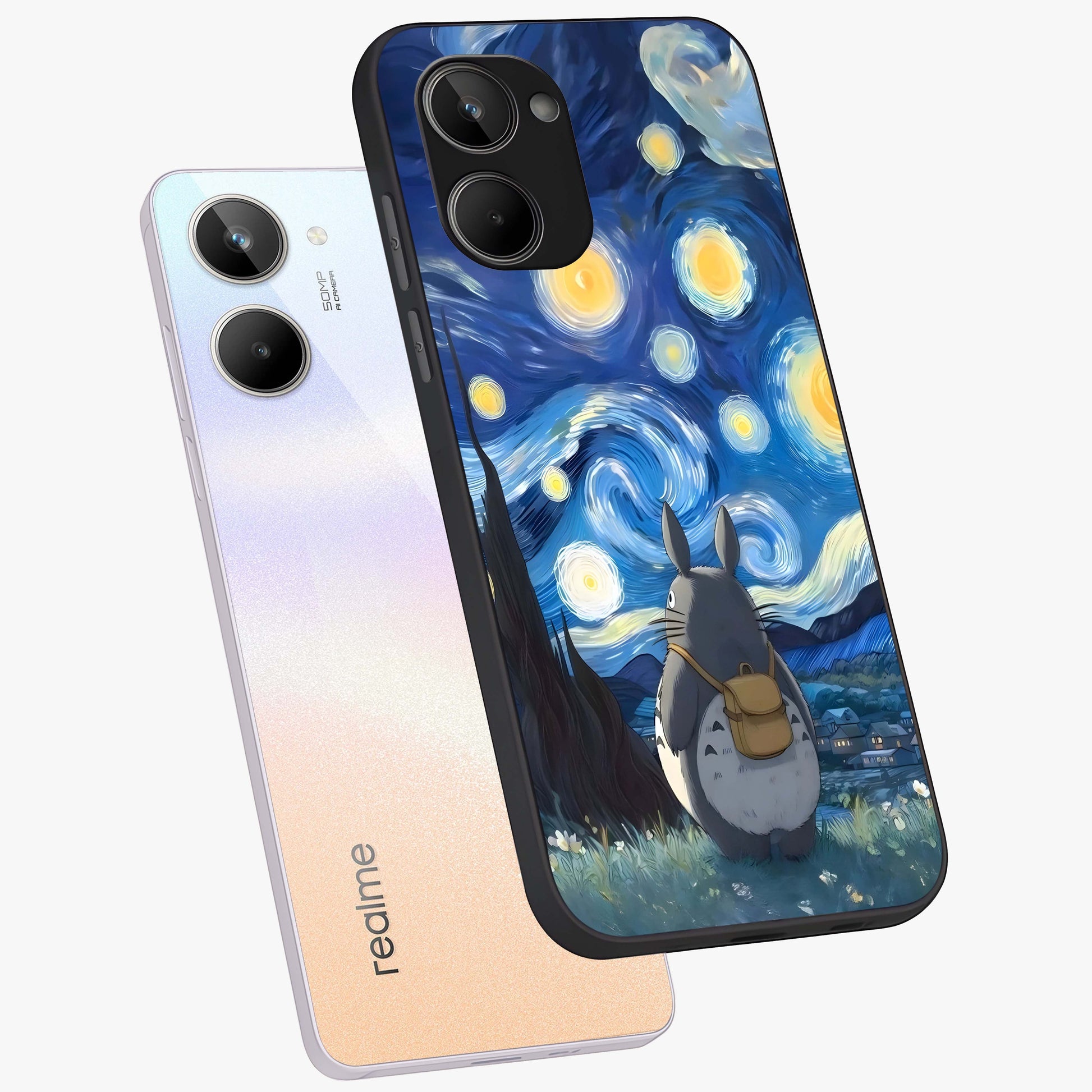 Totoro In Van Gogh Art Glass Case displayed in angled mockup highlighting artistic swirling sky design with playful animation aesthetic.