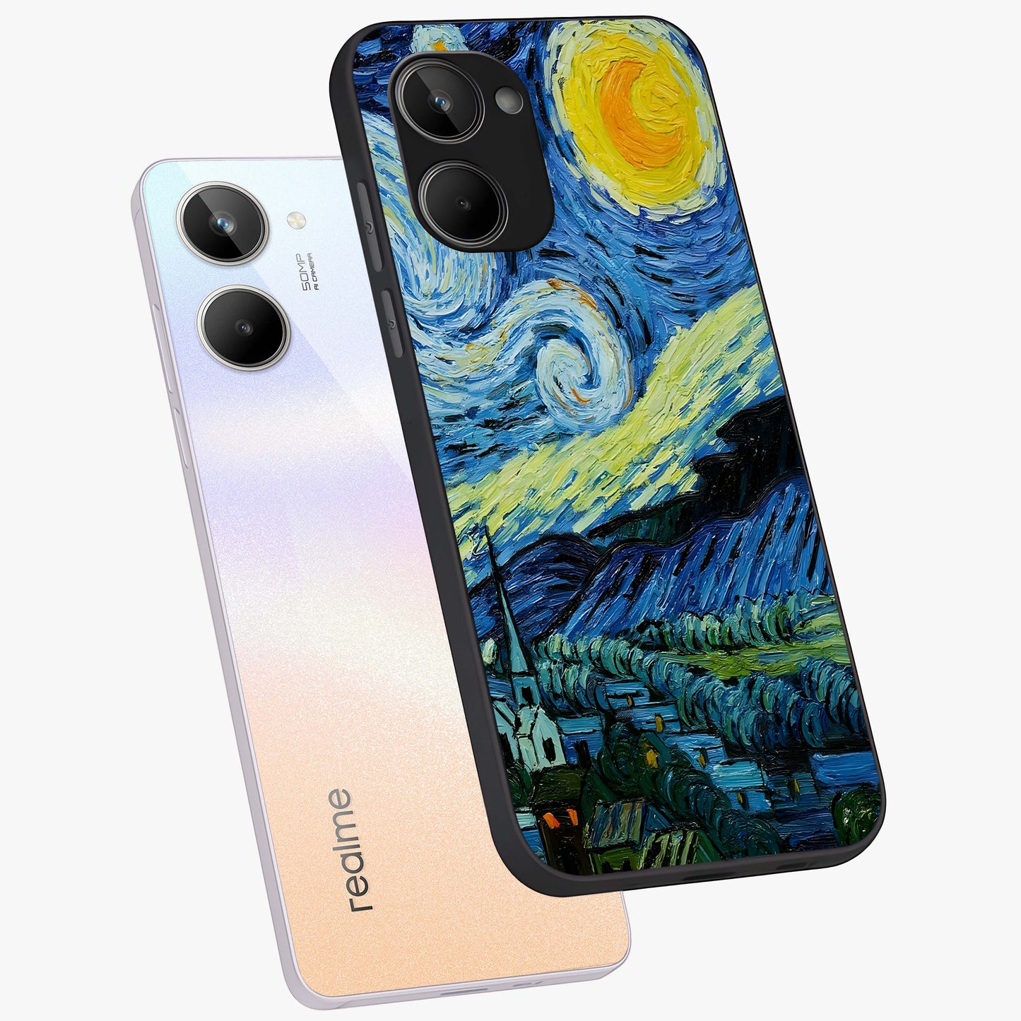 Van Gogh Art Glass Case displayed in angled mockup highlighting swirling brushstroke design with artistic aesthetic.