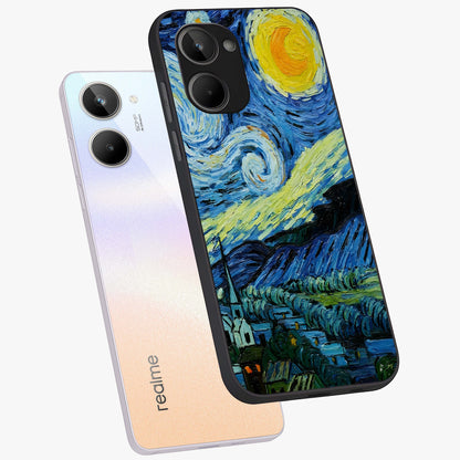 Van Gogh Art Glass Case displayed in angled mockup highlighting swirling brushstroke design with artistic aesthetic.