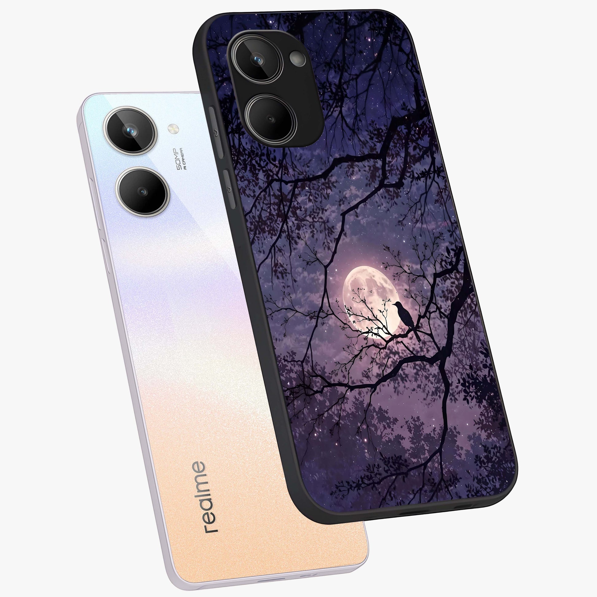 Whispering Moon Silence Glass Case displayed in angled mockup highlighting calm lunar design with dreamy night aesthetic.