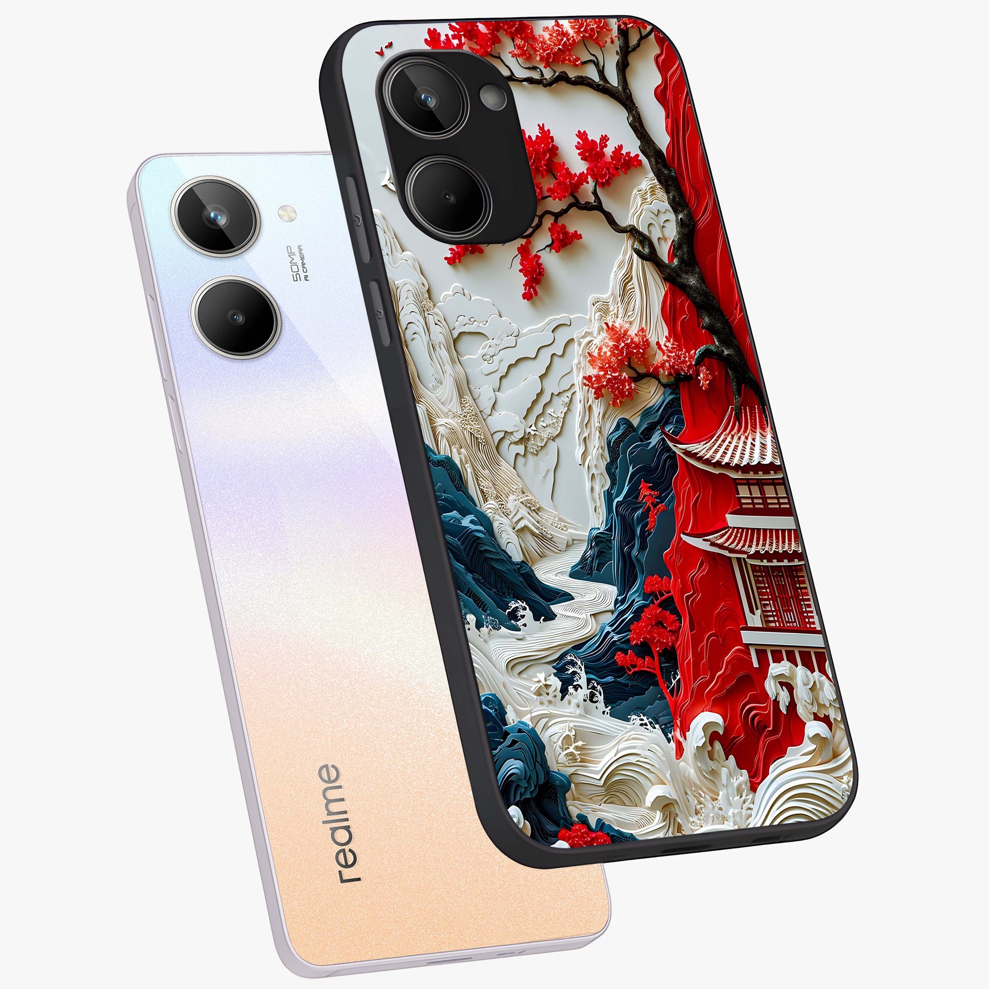 Whispers Of Sakura Waves Glass Case displayed in angled mockup highlighting flowing sakura design with soft floral aesthetic.