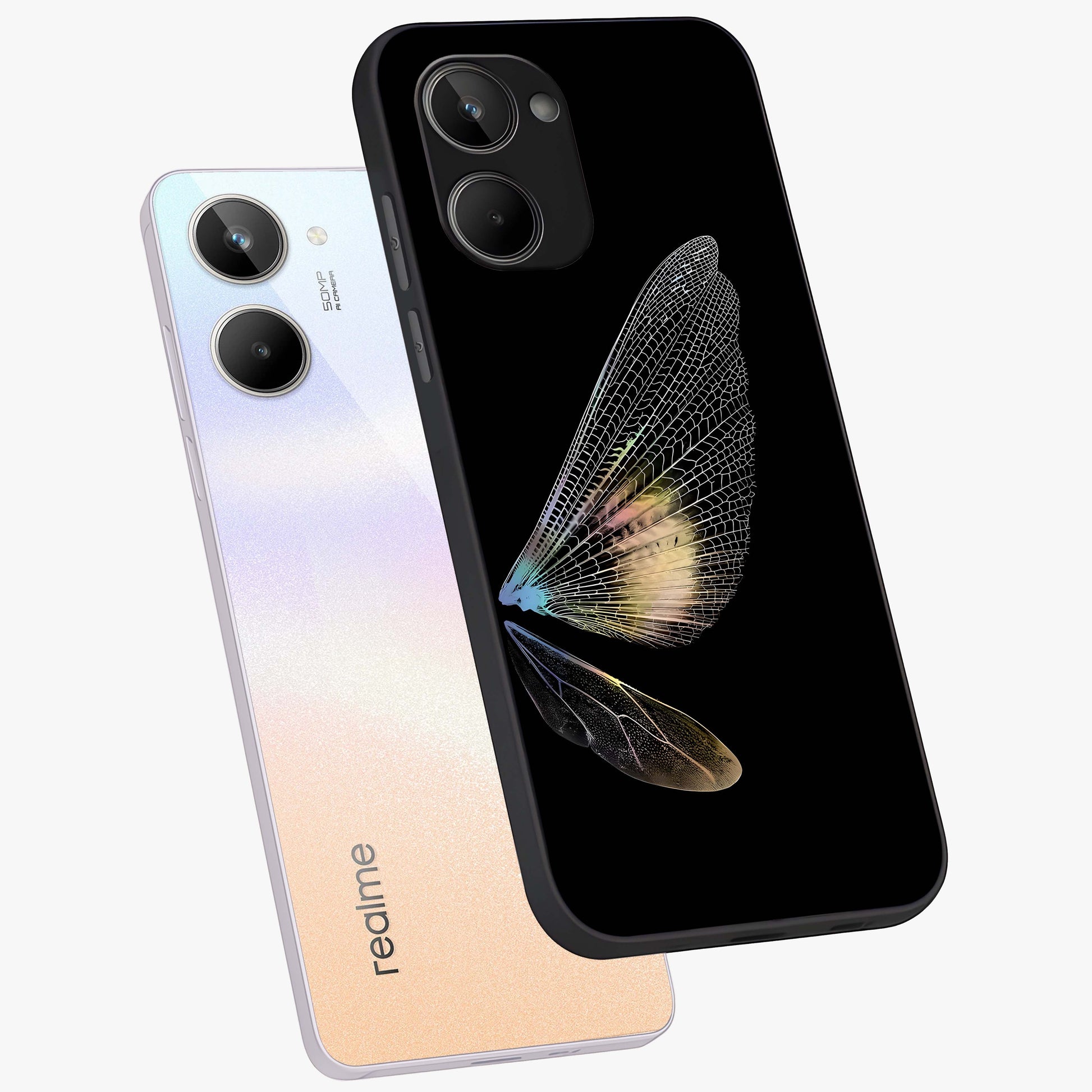 Whispers Of Wings Glass Case displayed in angled mockup highlighting soft feather design with celestial aesthetic style.