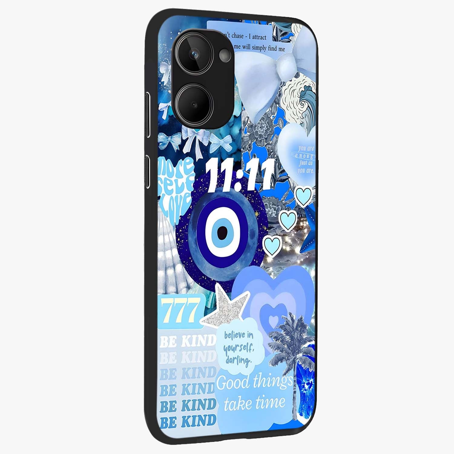 Aesthetic Be Kind Eye Glass Case upright view showcasing stylish eye illustration with positive message theme.