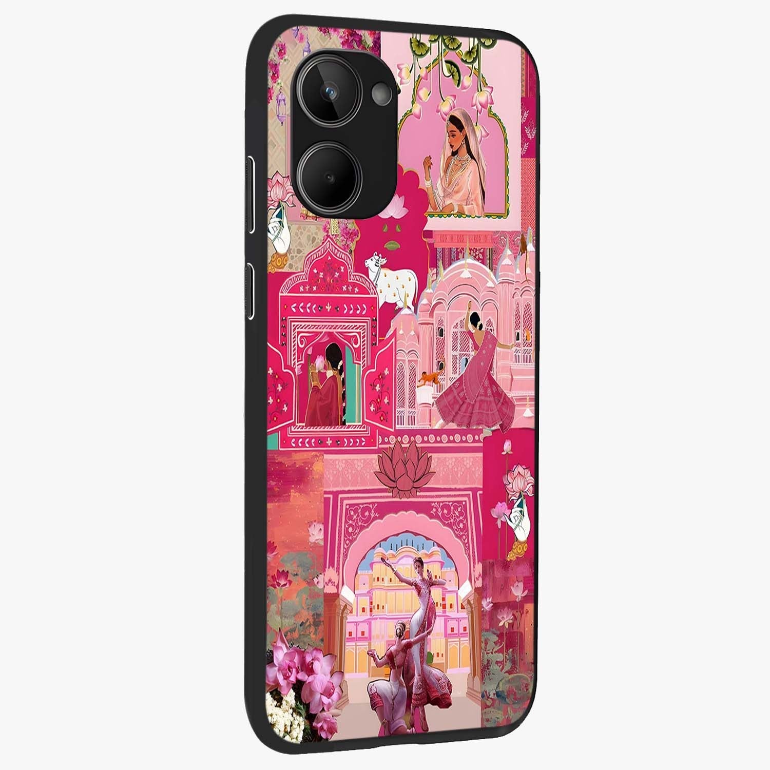Blossoms of Rajasthan Glass Case upright view showcasing colorful floral design inspired by traditional Indian art.