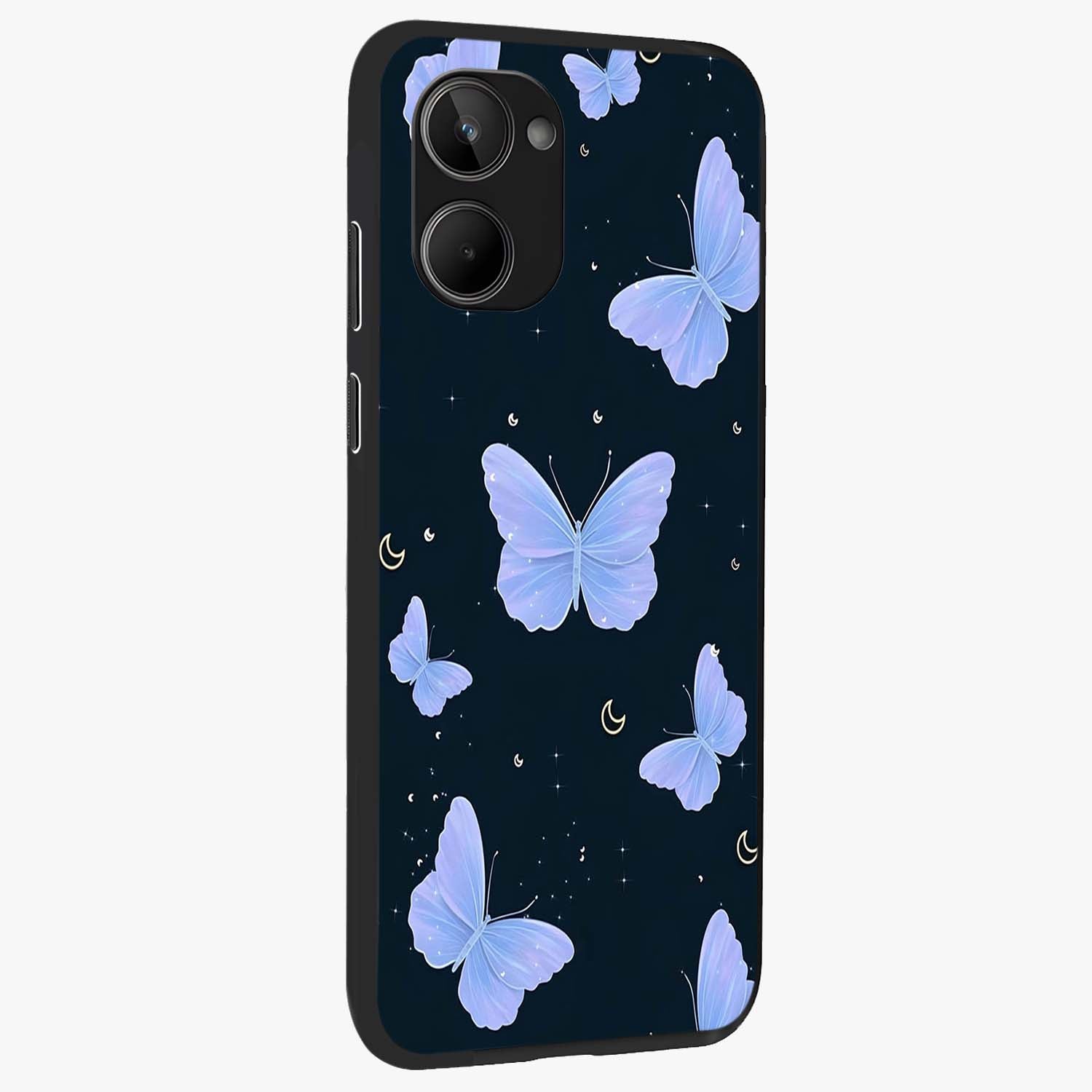 Butterfly With Stars Pattern Glass Case upright view showcasing celestial butterfly artwork with sparkling star elements.