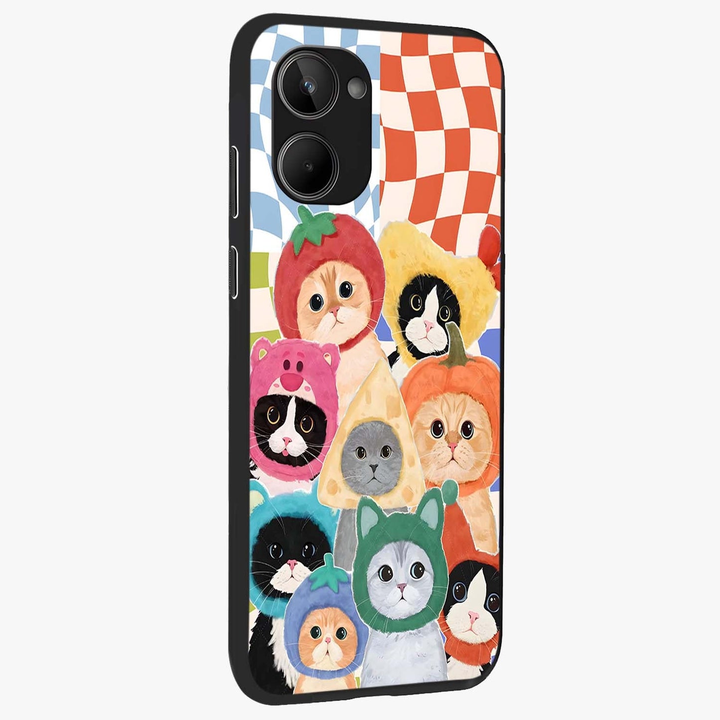 Cats in Fruits Glass Case upright view showcasing charming cat artwork with fun fruity theme.