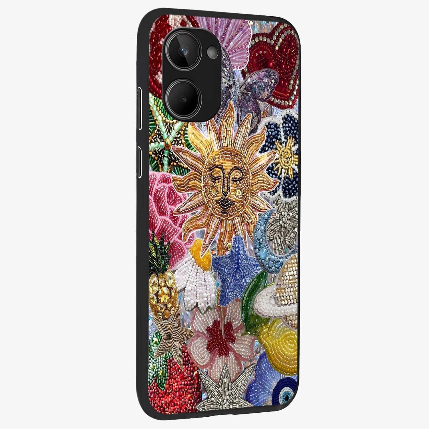 Celestial Floral and Playful Glass Case upright view showcasing whimsical floral artwork with cosmic aesthetic theme.