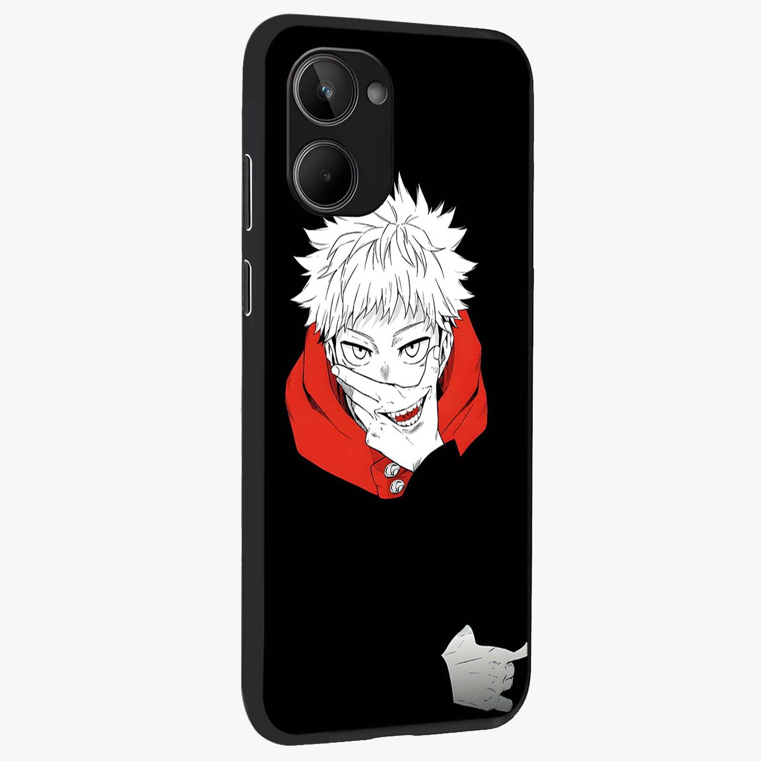 Crimson Chaos Smile Glass Case upright view showcasing expressive chaotic artwork with striking visual theme.