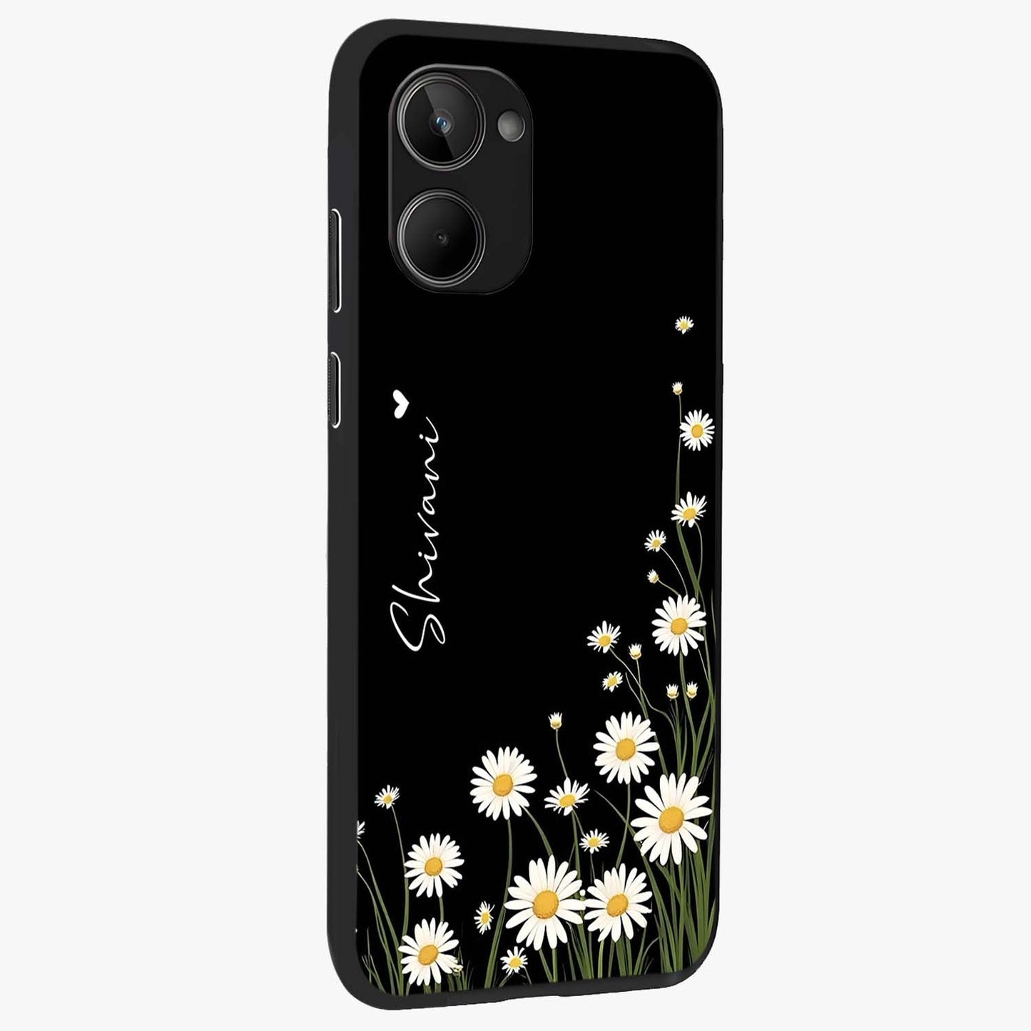Daisy Cascade Custom Name Glass Case upright view showcasing elegant floral cascade design with personalized aesthetic.