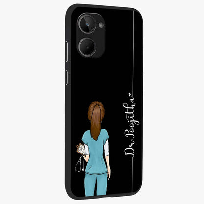 Doctor Pattern Custom Name Glass Case upright view showcasing healthcare themed design with personalized aesthetic.