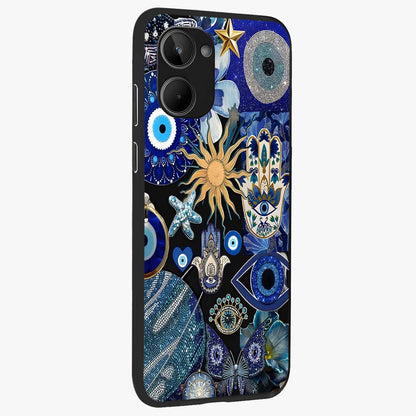 Evil Eye Charm Mix Glass Case upright view showcasing mystical evil eye pattern with vibrant decorative style.
