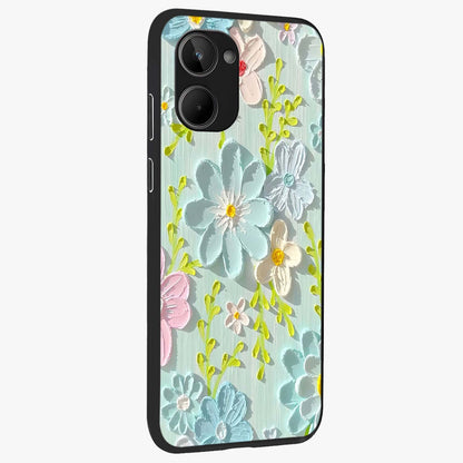 Frosted Petal Garden Glass Case upright view showcasing elegant floral garden artwork with soothing pastel theme.