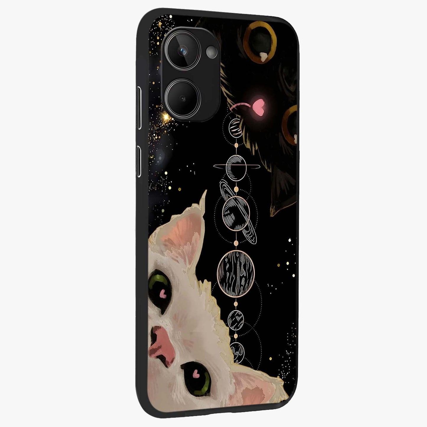 Galactic Cat Glass Case upright view showcasing mystical cat artwork with dreamy cosmic theme.