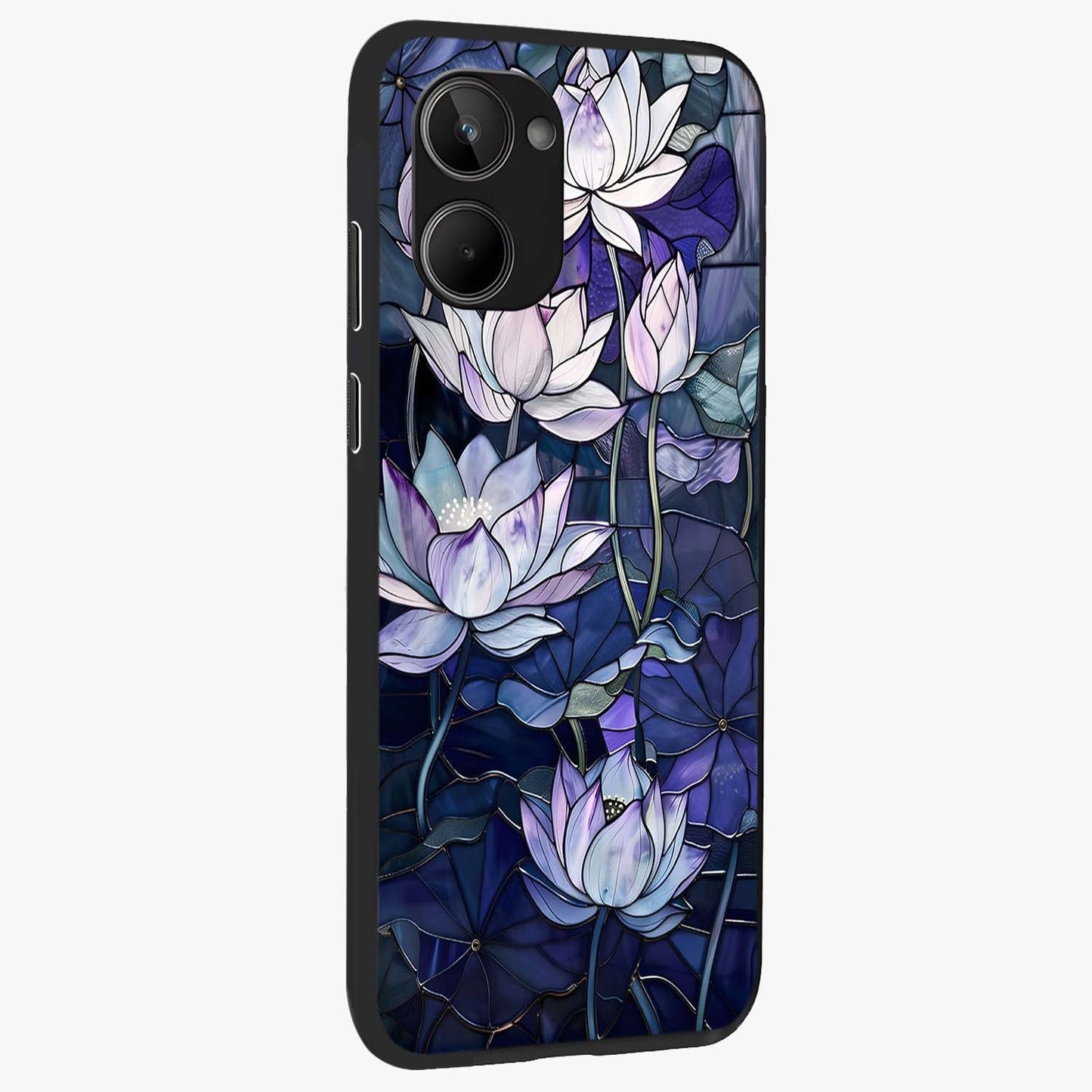 Gloss Petal Rush Glass Case upright view showcasing dynamic floral petal artwork with modern botanical theme.