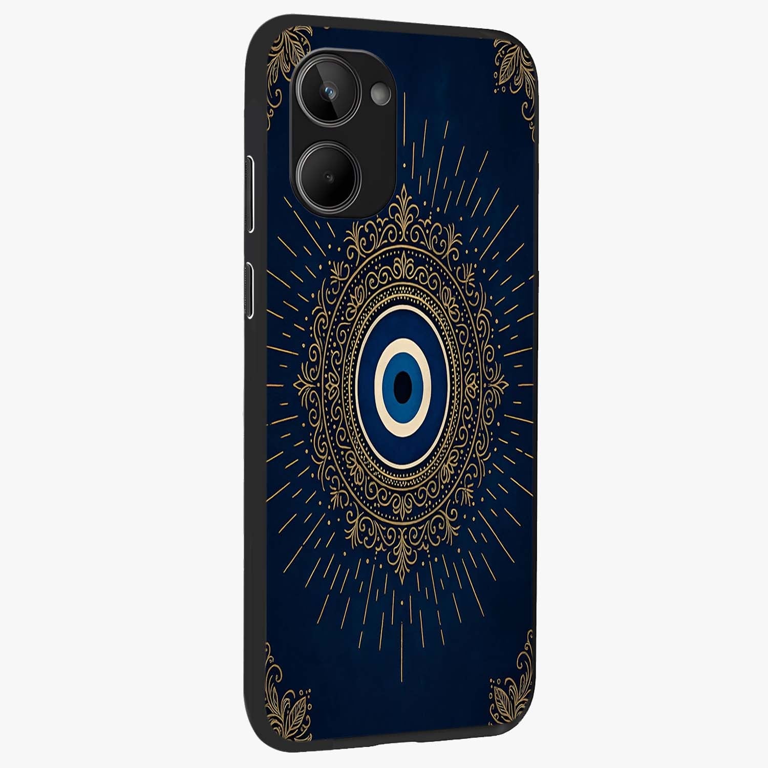 Golden Celestial Charm Glass Case upright view showcasing radiant celestial artwork with elegant golden theme.