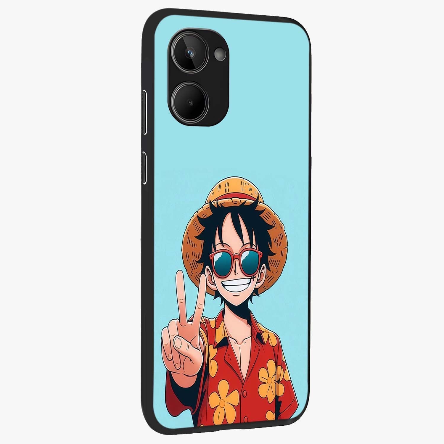 Luffy Summer Anime Vibe Glass Case upright view showcasing dynamic anime artwork with bright adventurous theme.